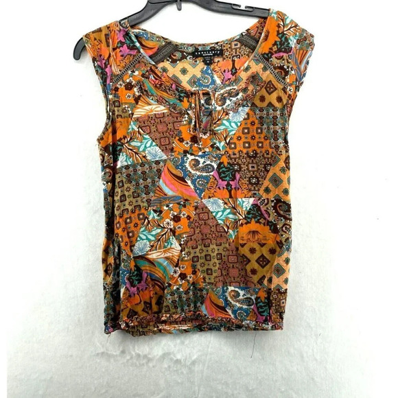 Sanctuary Blouse Women's Sz M Orange Tie-Neck Patch Pattern Paisley Colorful Fun - Picture 1 of 11